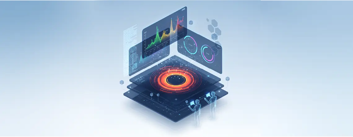 Conceptual graphic of advanced KPI frameworks for generative AI featuring interconnected data charts, AI brain icon, and layered performance metrics visuals