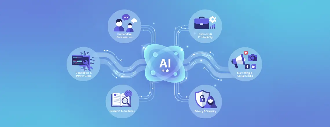 AI chat reply generator use cases illustration showing human-like conversation, business productivity, marketing, privacy, research, and developer tools.