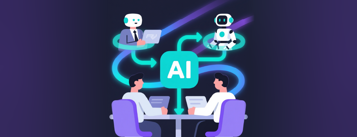 Illustration of people and robots using an AI reply generator, symbolizing human and artificial intelligence collaboration for automated chat responses.