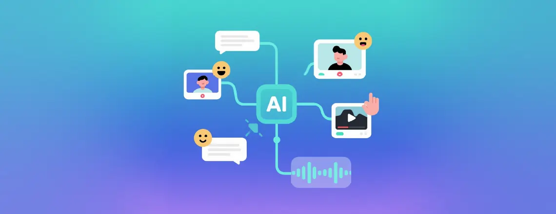 AI reply generator illustration showing chat messages, video calls, voice recognition, and emotion-based responses in 2025.