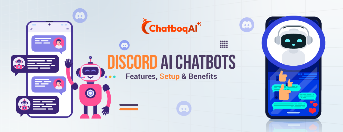 Illustration of Discord AI chatbot features, setup process, and community benefits for servers