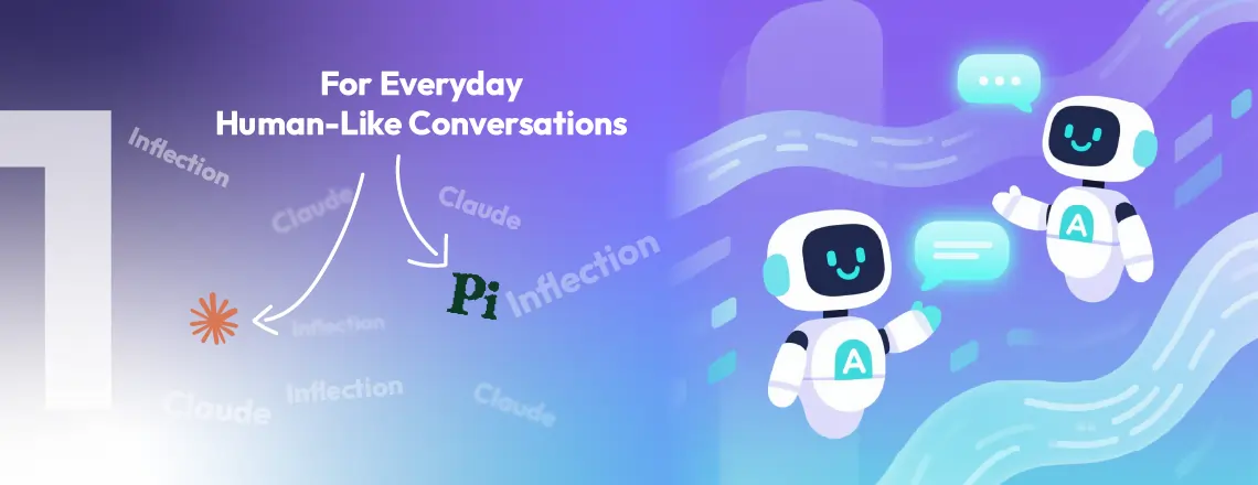 Illustration of two friendly chatbots having a conversation with speech bubbles, representing AI reply generator tools like Claude, Inflection, and Pi for everyday human-like conversations in 2025.