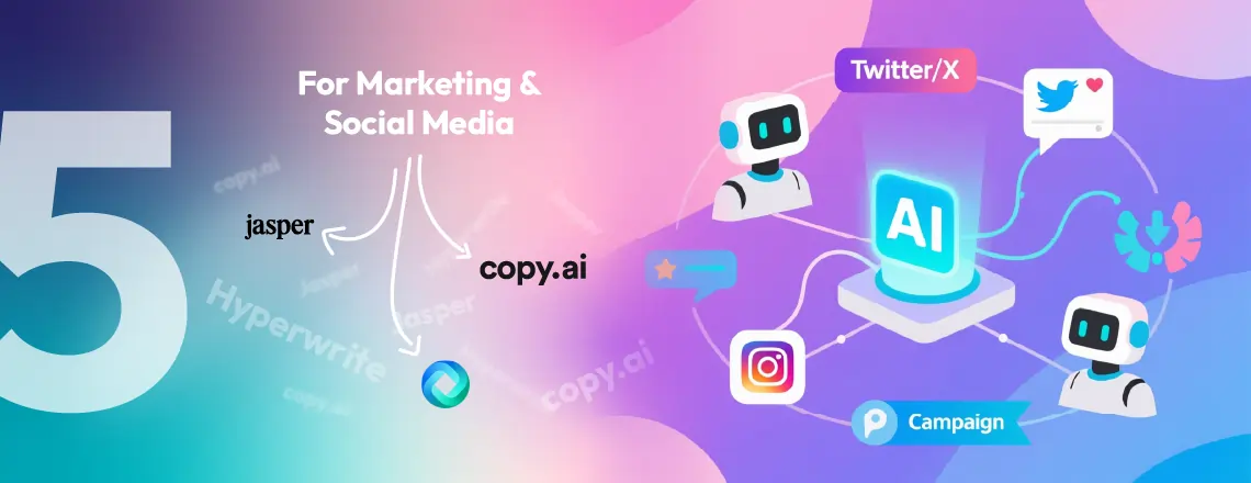 AI reply generator tools for Marketing & Social Media featuring jasper, copy.ai and hyperwrite