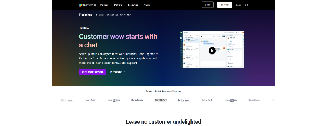 Freshchat is a chat widget powered by AI that enables messaging with customers and supports users in real-time.