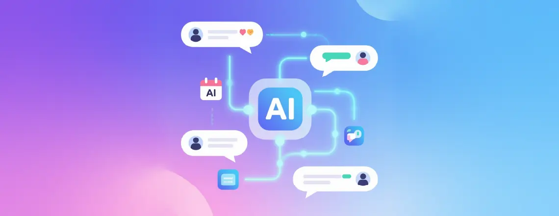 Illustration of an AI reply generator showing automated chat responses, smart scheduling, and conversation tools in 2025