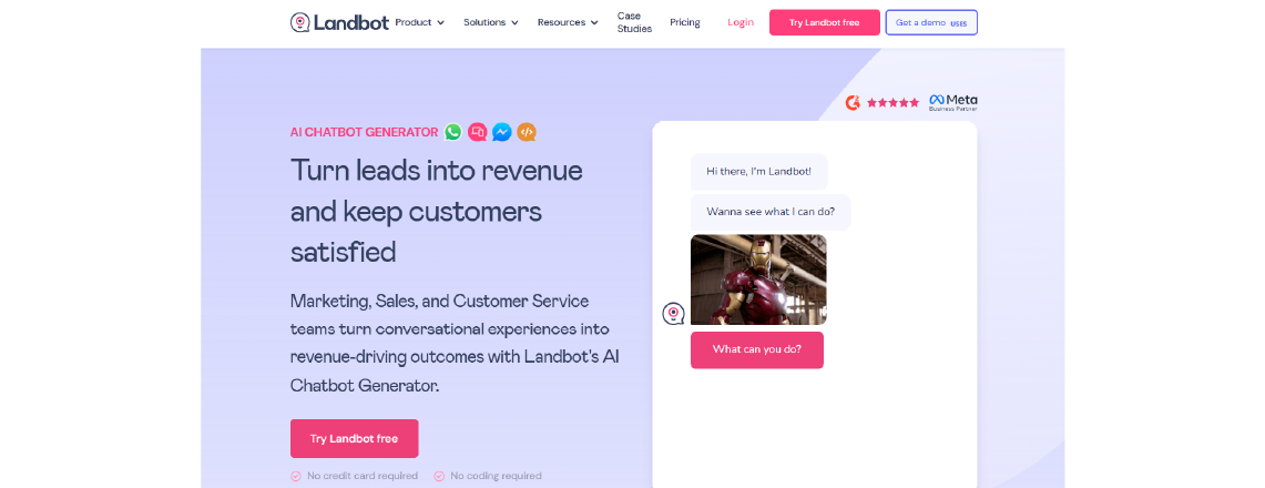 Landbot is a no-code platform that helps build custom conversational AI chatbots for various platforms.