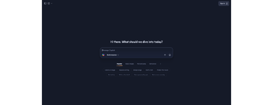 Microsoft Copilot AI chat reply generator interface, introducing Microsoft Copilot as a personal AI assistant.