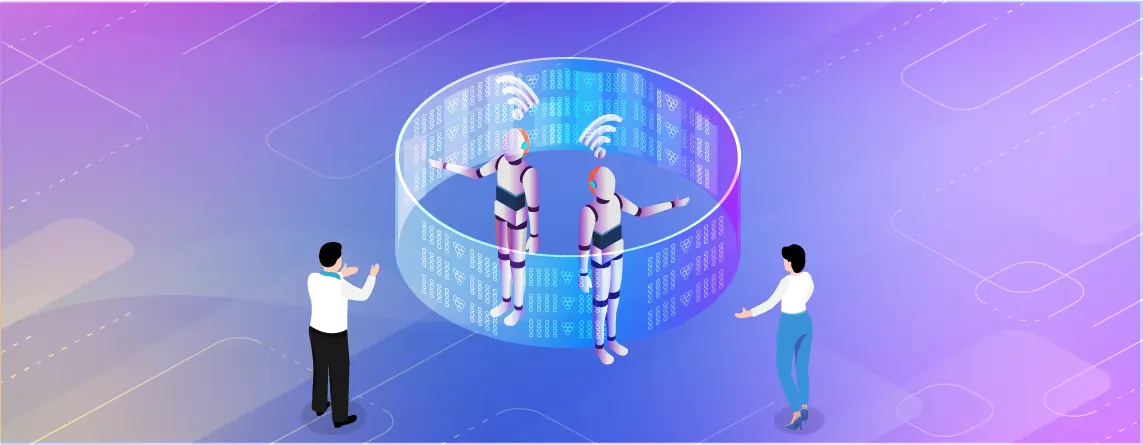 Business professionals interacting with AI-powered robots inside a digital data circle, symbolizing artificial intelligence, automation, and future technology