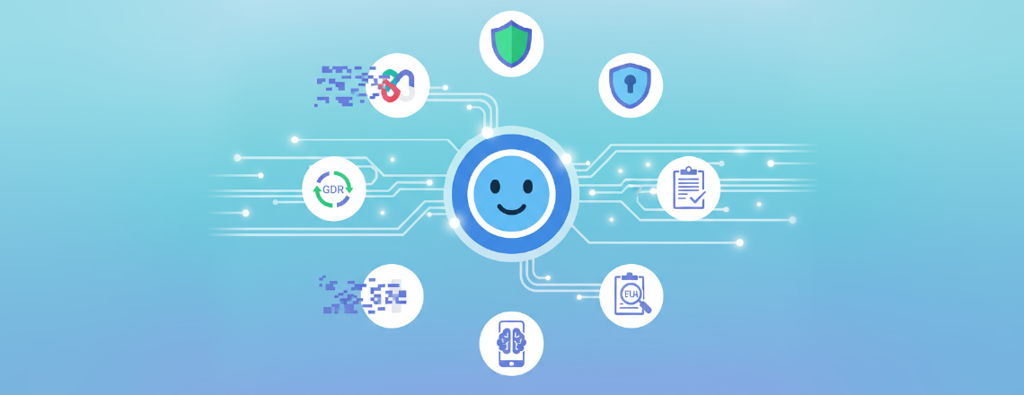 AI chat reply generator illustration showing privacy, security, GDPR, and compliance features for safe chatbot responses in 2025