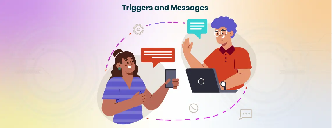 Illustration of live chat settings with edit icons and message bubbles, showing the process of regularly updating triggers and refining automated messages for better engagement.