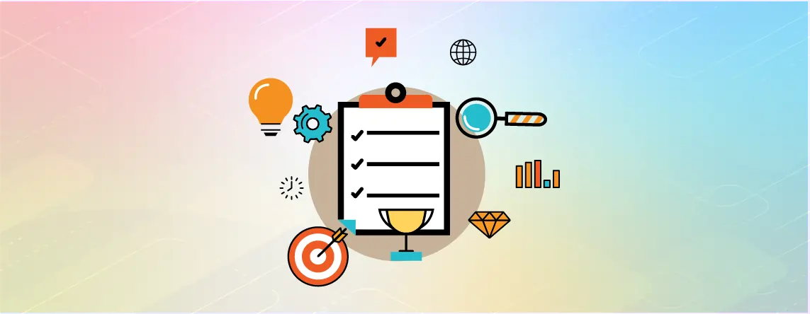 Checklist surrounded by icons representing ideas, goals, analytics, and evaluation for business strategy and performance assessment.