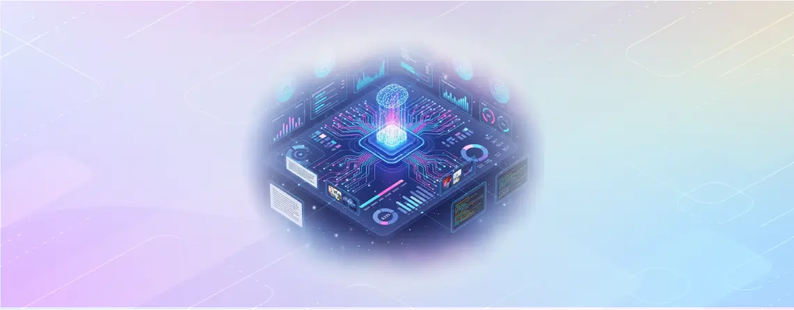 Futuristic digital dashboard with glowing AI brain hologram, data charts, and analytics interfaces representing generative AI KPIs