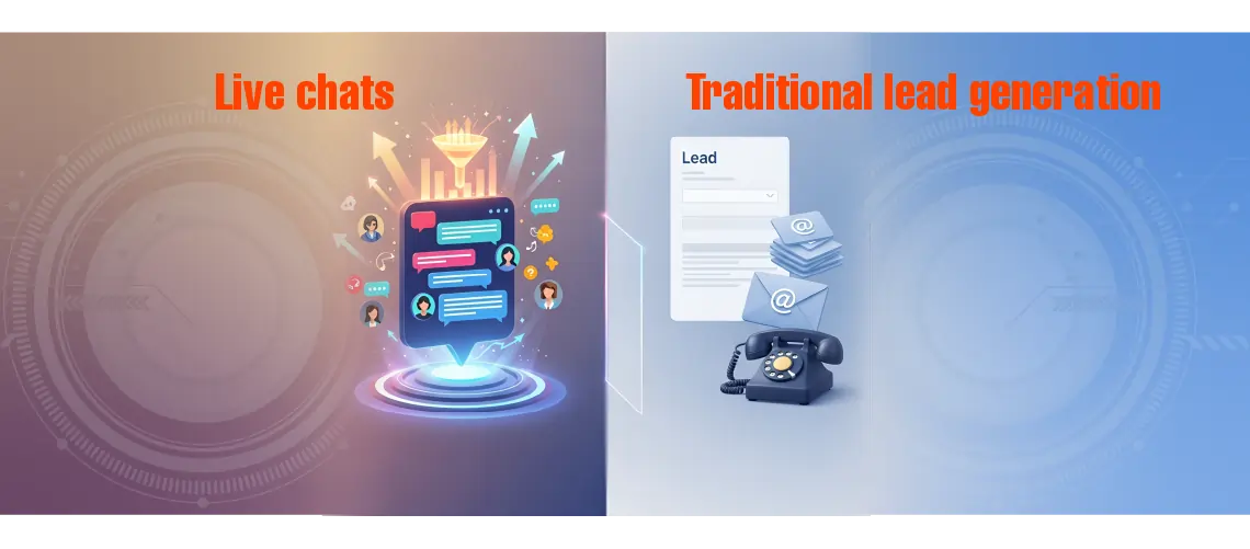 Comparison illustration showing live chats with digital messaging icons on the left and traditional lead generation with emails and phone calls on the right.