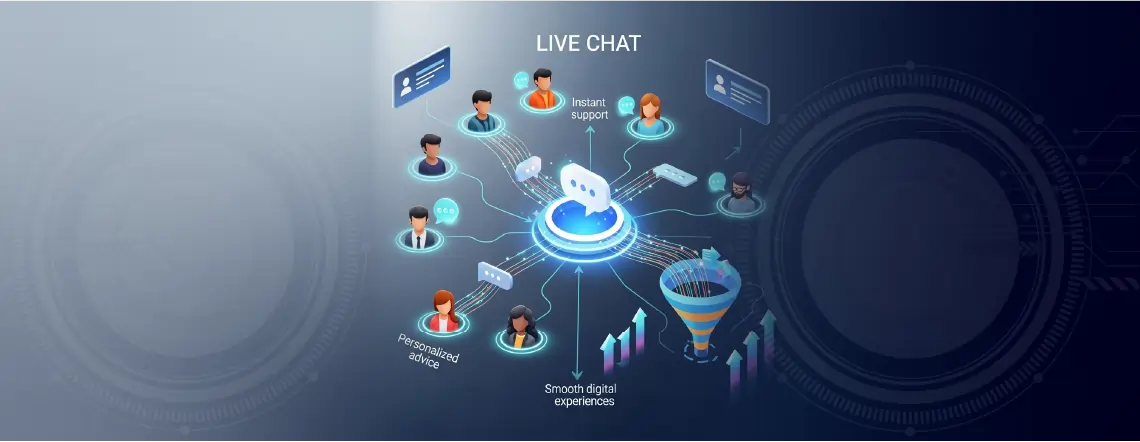 Illustration of live chat lead generation showing multiple users connected to a central chat hub with instant support, personalized advice, and smooth digital experiences.