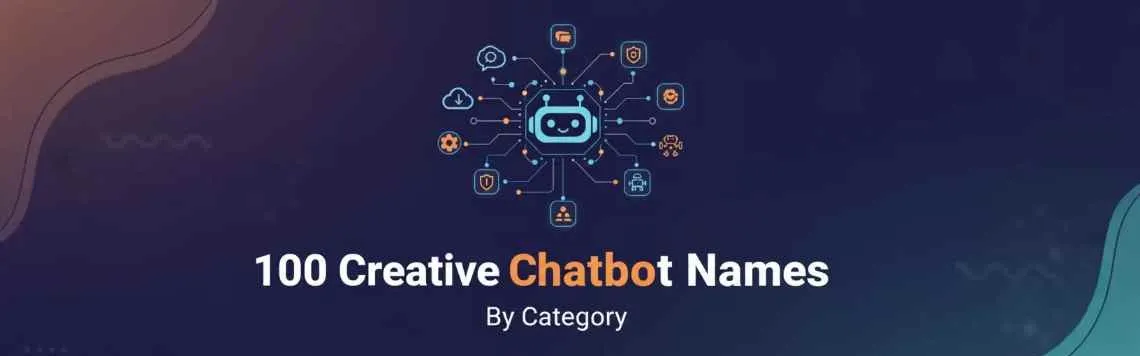 Visual representing 100 creative Chatbot Names categorized by type — a collection of digital assistant icons with labels, showcasing diverse naming ideas for various industries and purposes.