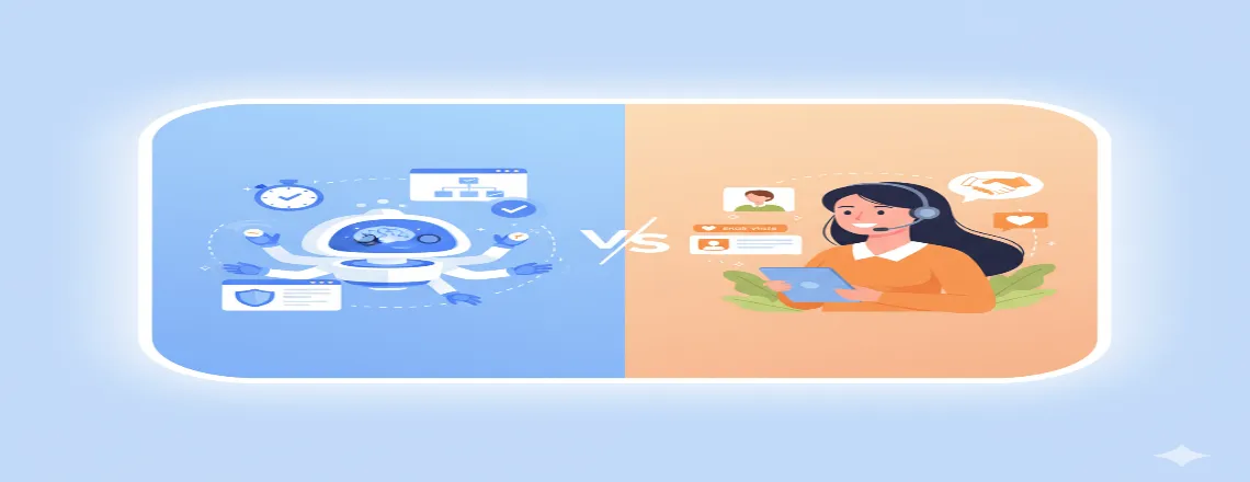 Comparison chart highlighting differences between AI customer service and human support in empathy, speed, and cost-efficiency.