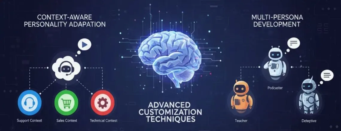 Illustration showcasing advanced customization techniques for AI chatbot personality — integrating adaptive responses, emotional intelligence, and user-specific personalization to enhance chatbot engagement.