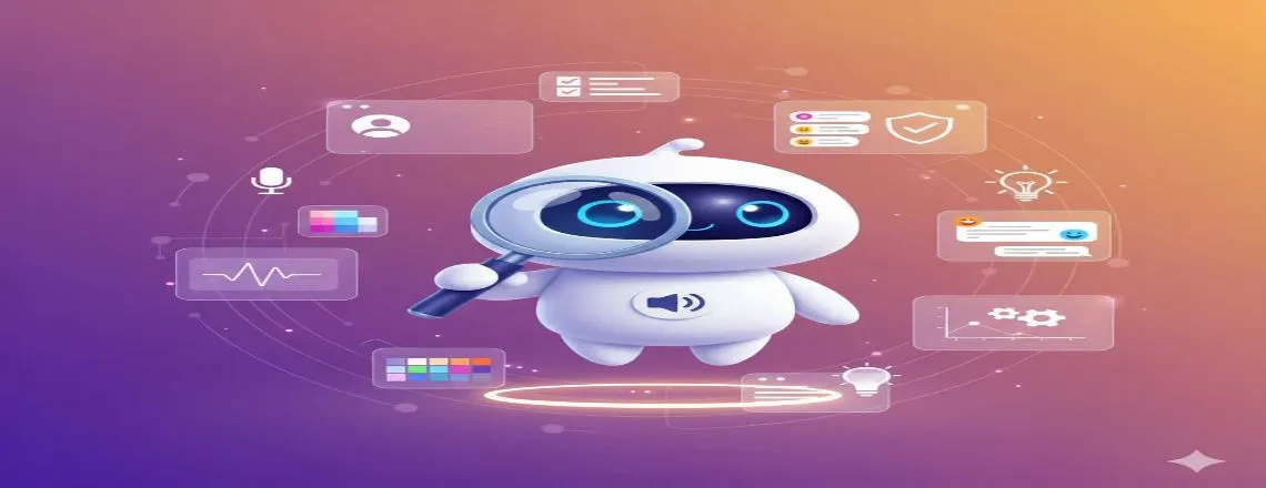 Illustration of brand analysis and voice definition for AI chatbot personality — marketer reviewing brand tone, values, and communication style to shape chatbot identity.