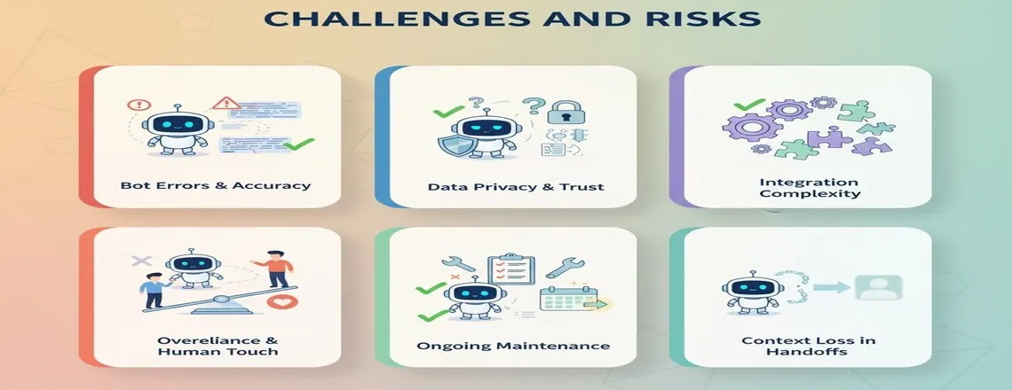 AI faces issues like errors, privacy concerns, integration complexity, and overreliance.