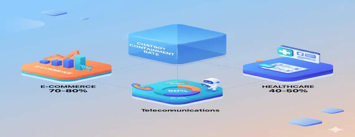 Chart comparing Chatbot Containment Rate benchmarks across industries — retail, banking, and telecom performance variations.