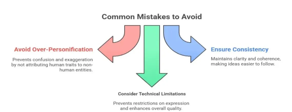 Visual highlighting common mistakes to avoid in AI chatbot personality — examples of inconsistent tone, poor engagement, and misaligned responses that reduce user trust and satisfaction.