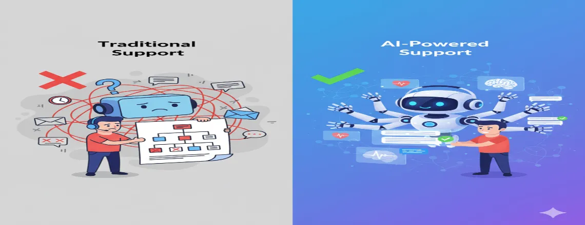 AI customer service chatbot struggling with complex issues while human agents use empathy and creativity to solve unique customer problems.