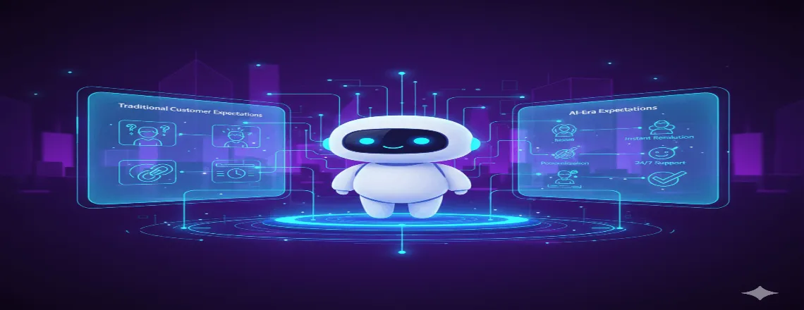 Illustration showing customer expectations in the AI era — users interacting with AI chatbots that demonstrate personalized, responsive, and human-like AI chatbot personality to meet modern service demands.