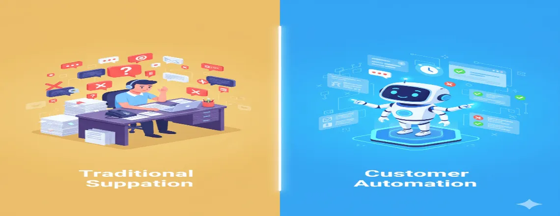 Comparison between customer service automation and traditional human support highlighting efficiency and scalability.