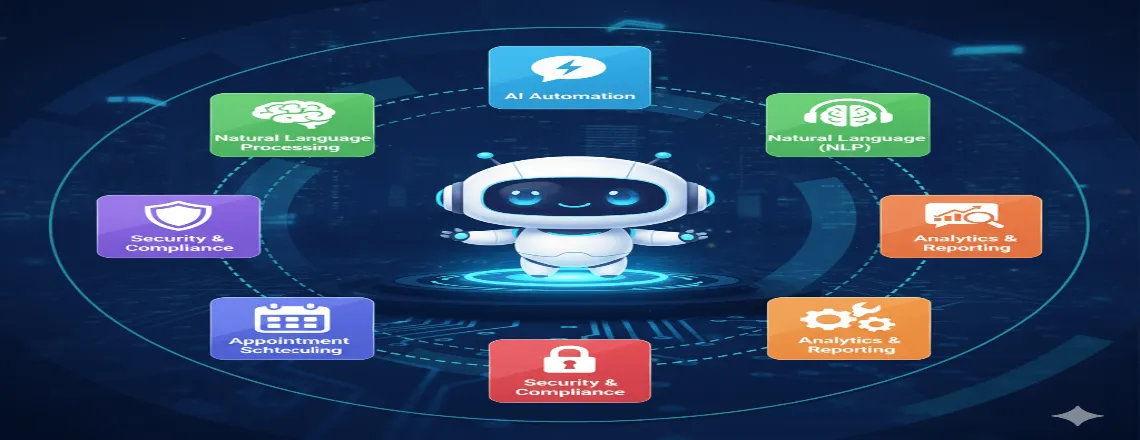 Key features for customer service automation software including NLP, analytics, reporting, and escalation.