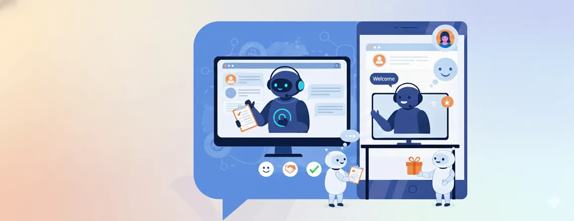 Live chat window showing a canned response greeting message to a new customer.
