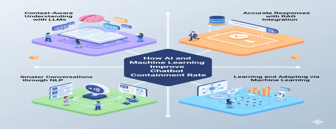 Illustration showing AI and machine learning improving Chatbot Containment Rate through NLP, RAG, and contextual understanding.