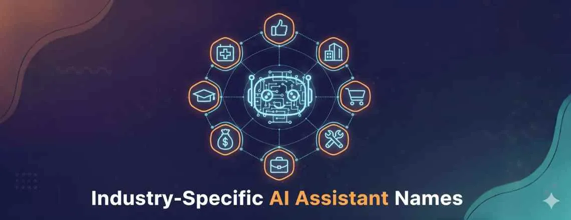 Illustration showing industry-specific Chatbot Names — digital assistants tailored for sectors like healthcare, finance, and e-commerce, each with names reflecting their professional context and purpose.