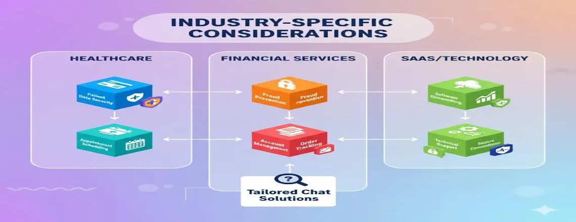Illustration showing industry-specific considerations for AI chatbot personality — chatbots tailored for sectors like finance, healthcare, and e-commerce, adapting tone, responses, and features to meet industry needs.