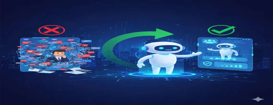 Illustration explaining Chatbot Containment Rate — chatbot resolving customer queries without human help, representing efficiency and automation in customer service.