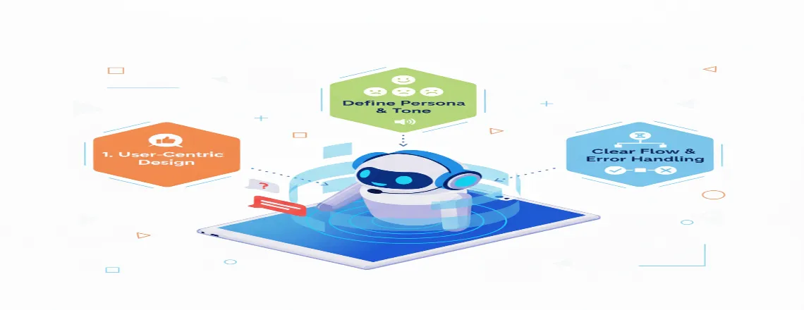 Diagram showing the three key components of chatbot design: intuitive UI, natural conversation flow, and user experience planning.