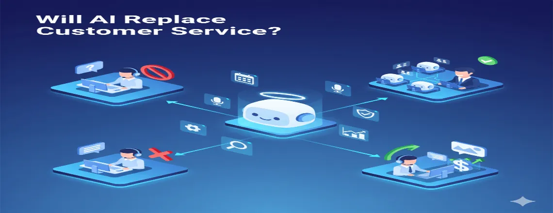 AI customer service system analyzing multiple customer inquiries with data analytics in the background, representing the rise of automation in support.