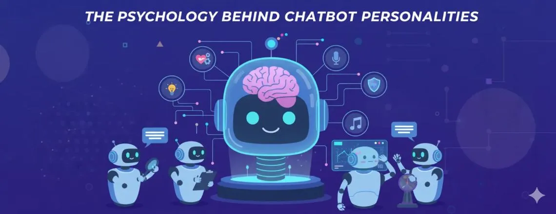 Concept image showing the psychology behind AI chatbot personality — human brain blending with digital chatbot interface, symbolizing emotional intelligence and behavioral design in AI communication.