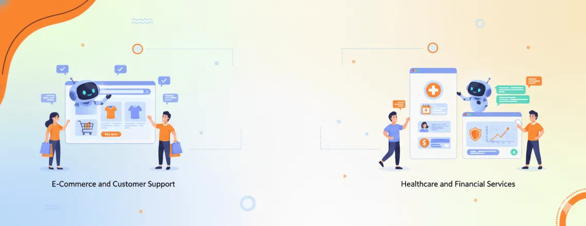 Chatbot interface helping a user with product recommendations and order tracking in e-commerce and support contexts and Healthcare and banking chatbots providing personalized assistance with symptoms, account balances, and spending alerts.