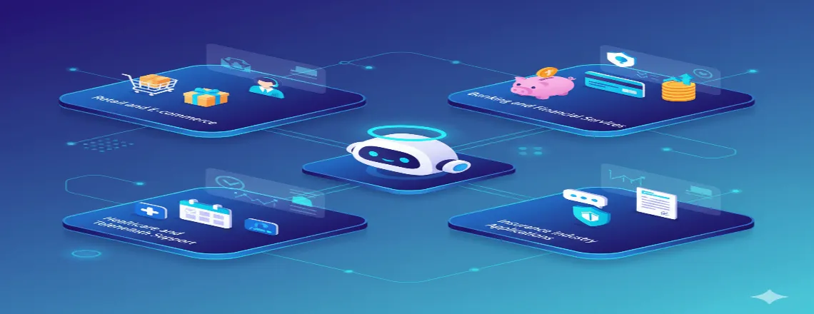 Collage of industries using AI customer service—retail, banking, healthcare, and insurance—demonstrating widespread adoption.