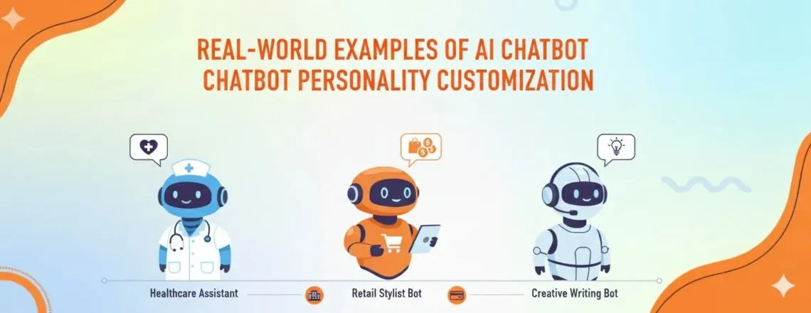 Illustration showing real-world examples of AI chatbot personality customization — diverse chatbots interacting with users in various industries, demonstrating tailored tones, styles, and engagement strategies.