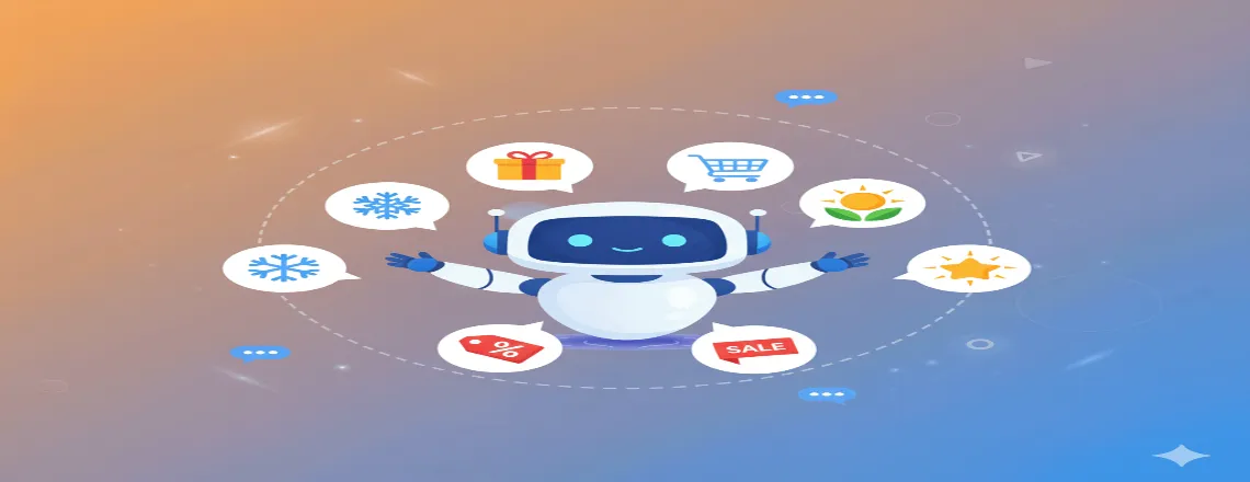 Festive live chat welcome message offering seasonal discounts and personalized assistance.