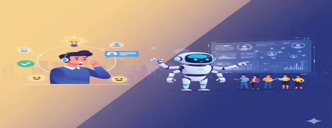 Human customer service professionals collaborating with AI systems, representing future job transformation through AI technology.