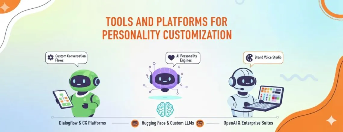 Visual showing tools and platforms for AI chatbot personality customization — software interfaces and platforms enabling developers to design, train, and refine chatbots with unique tones and behaviors.