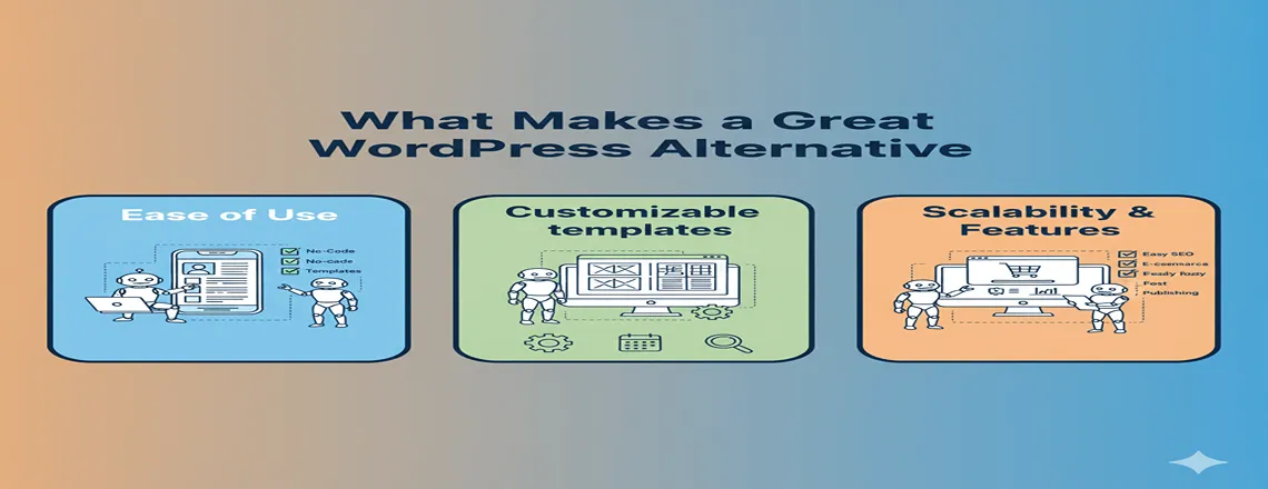 Illustration showing essential features of top WordPress alternative platforms.