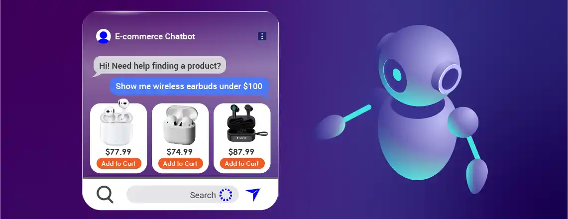 AI-powered e-commerce chatbot guiding customers through product selection and checkout on an online store