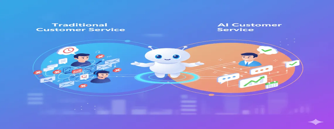 Infographic displaying how AI customer service improves response speed, reduces costs, and increases customer satisfaction across multiple channels.
