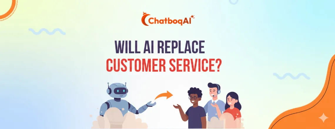 Illustration of AI customer service robot and human agent working together, showing collaboration between artificial intelligence and human support.