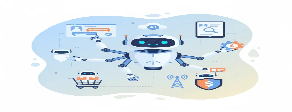 Customer service automation concept showing AI chatbot assisting customers with 24/7 support.