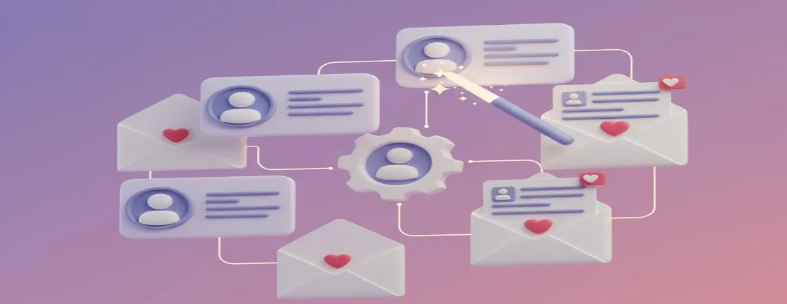 Interconnected customer profile cards and envelopes with hearts on purple background