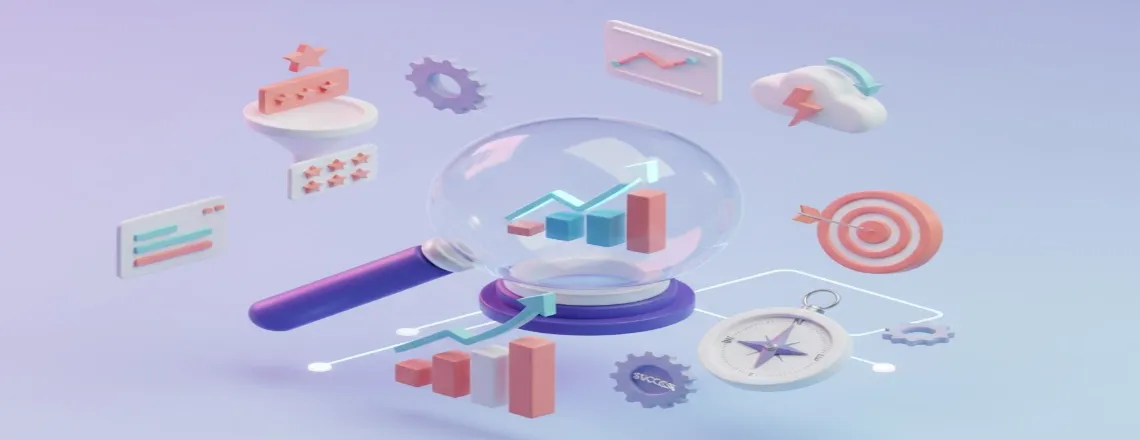 Magnifying glass examining business charts and analytics icons